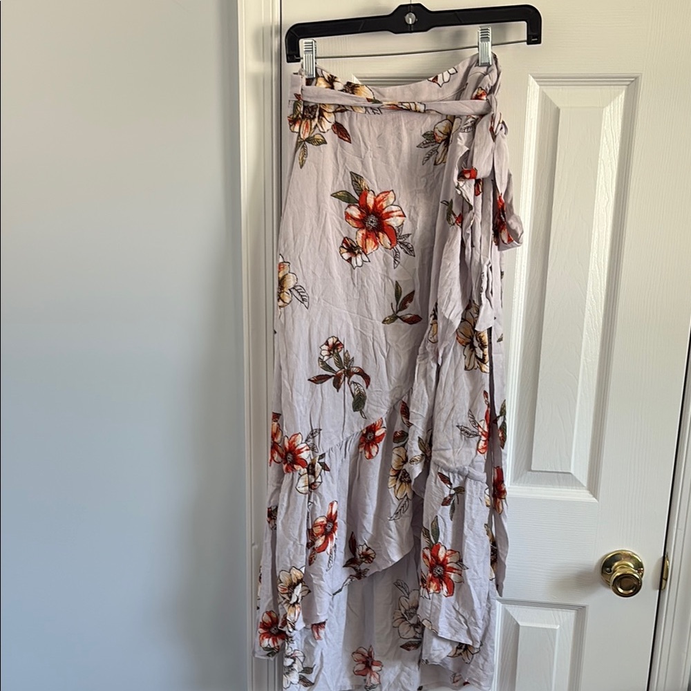 Lulu's Purple Floral Wrap Midi Skirt Ruffle Hem Orange and Yellow Flowers Size M